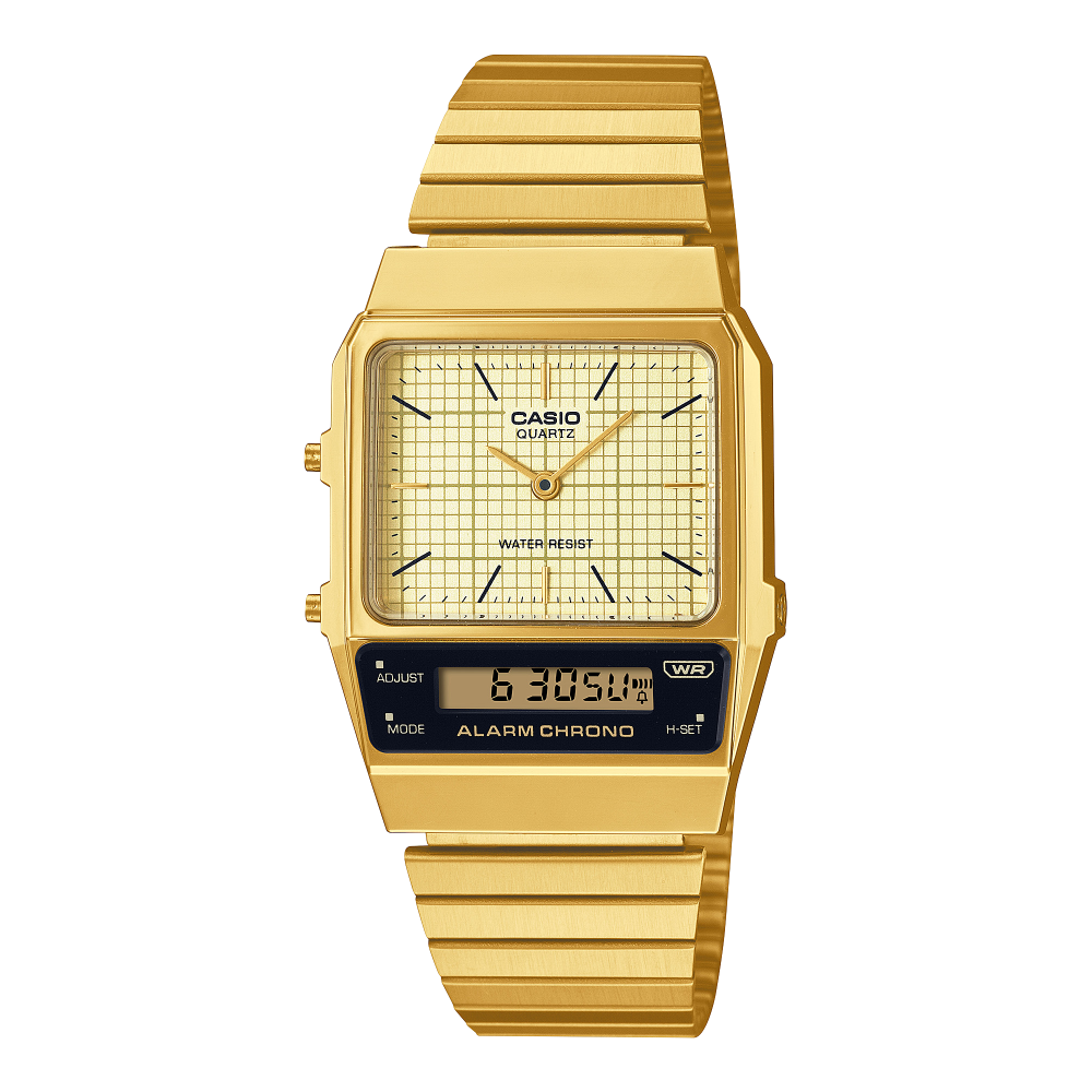 Collection Vintage - AQ-800EG-9AEF - Montre Casio – boîtier angulaire doré, cadran quadrillé avec index bâtons et écran LCD, bracelet à maillons droits en acier doré – vue de face