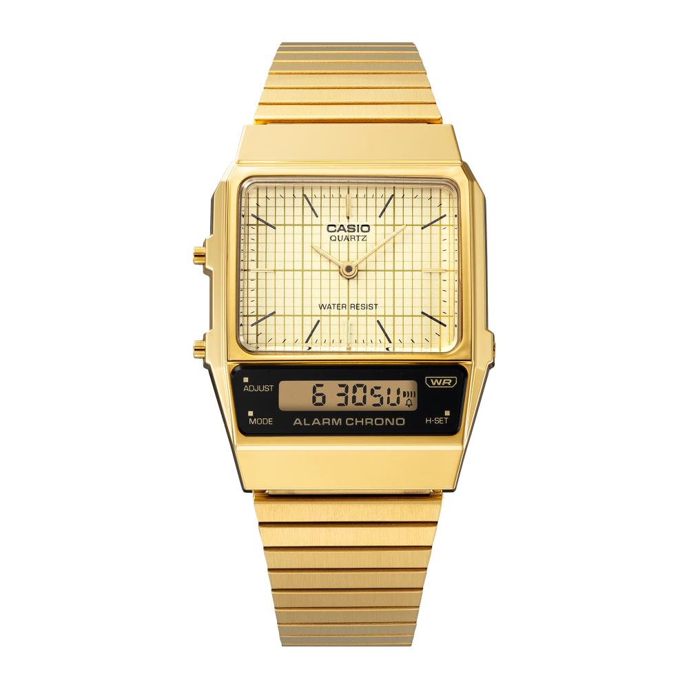 Collection Vintage - AQ-800EG-9AEF - Montre Casio – boîtier angulaire doré, cadran quadrillé avec index bâtons et écran LCD, bracelet à maillons droits en acier doré – vue 2
