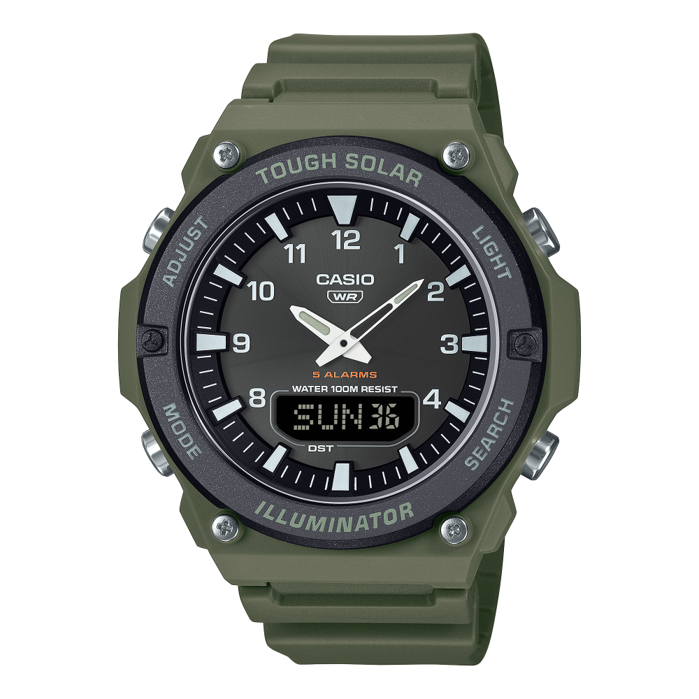 Collection Timeless - AQ-S820W-3BVEF - Montre Casio – boîtier en résine verte à lunette ronde, aiguilles blanches et écran LCD, bracelet en résine vert – vue de face