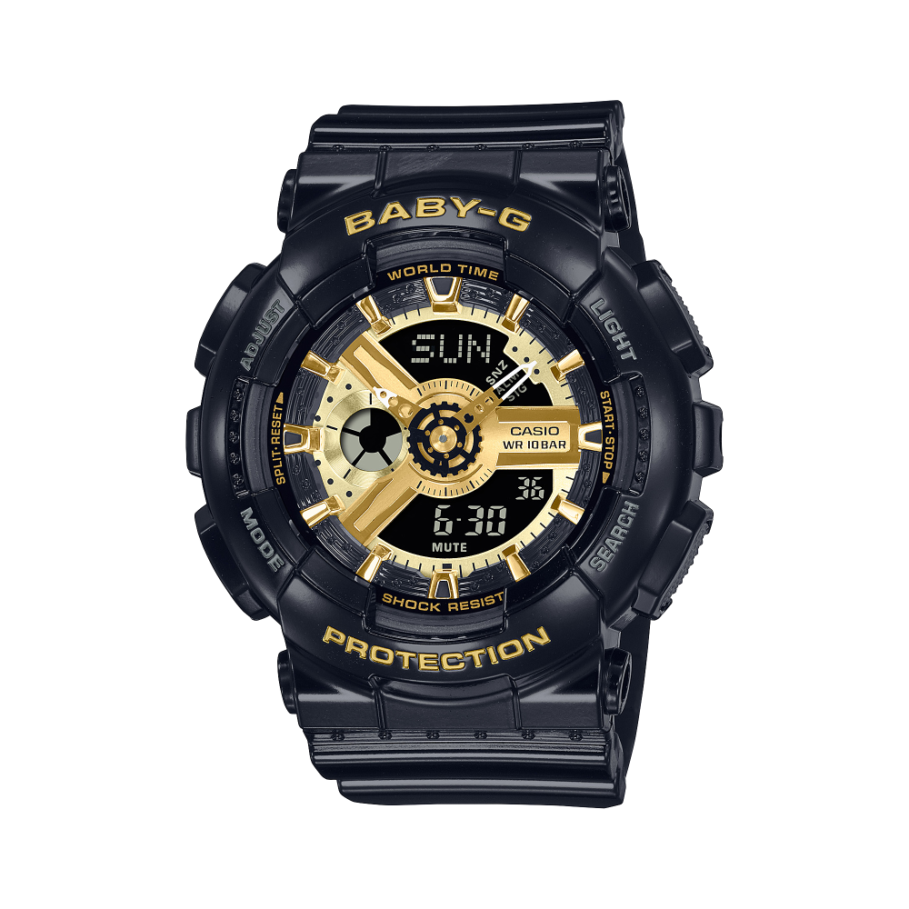 Collection Baby-G - BA-110X-1AER - Montre Casio – montre Baby-G noire, boîtier en résine noir, bracelet en résine noir, aiguilles et écran numérique – vue de face