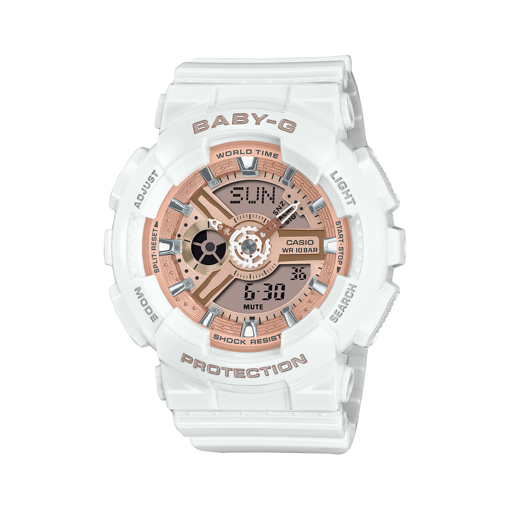 Collection Baby-G - BA-110X-7A1ER - Montre Casio – montre Baby-G blanche, boîtier en résine blanc, bracelet en résine blanc, aiguilles et écran numérique – vue de face