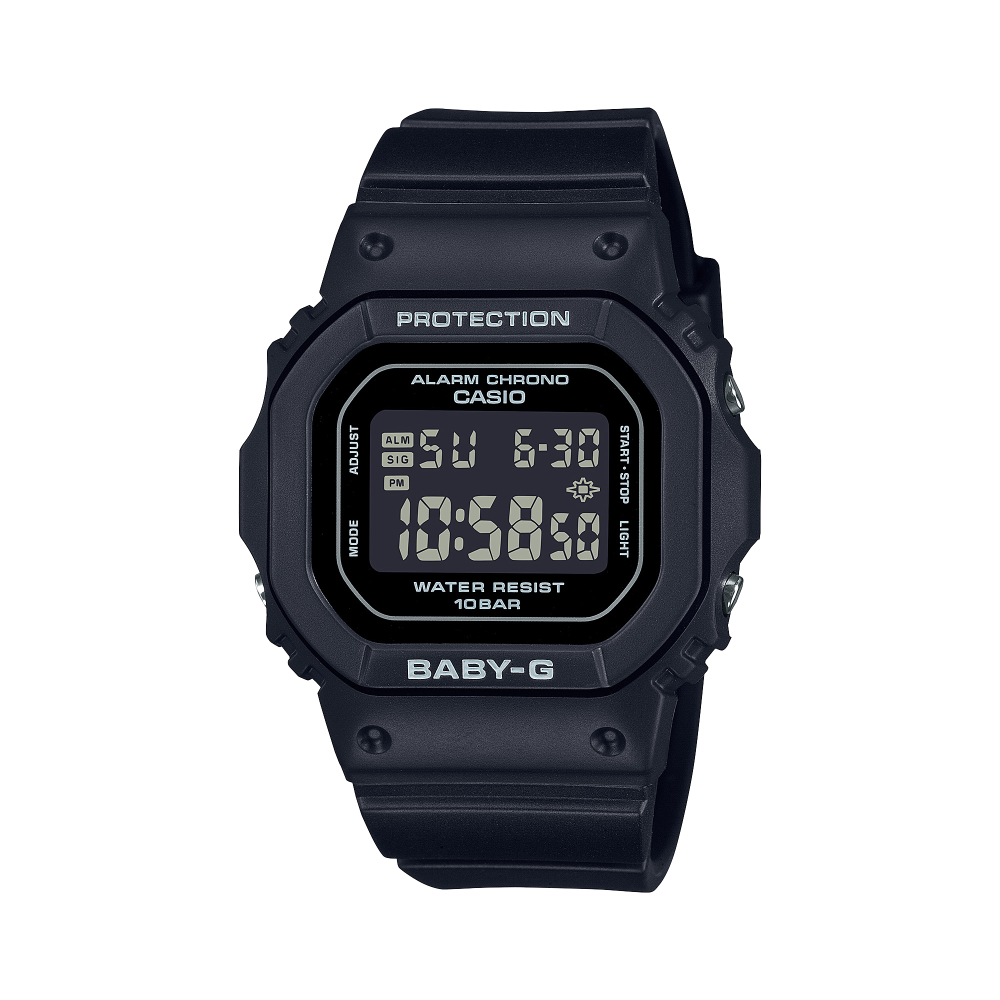 Collection Baby-G - BGD-565U-1ER - Montre Casio – boîtier carré en résine noire translucide, écran numérique, bracelet en résine noire – vue de face