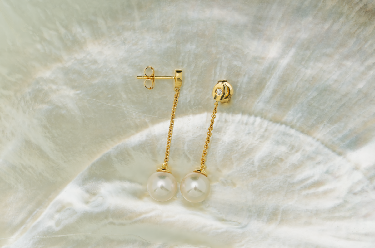 Brincos de pérola e diamante Akoya de 7,5-8 mm – ouro amarelo 18 quilates
