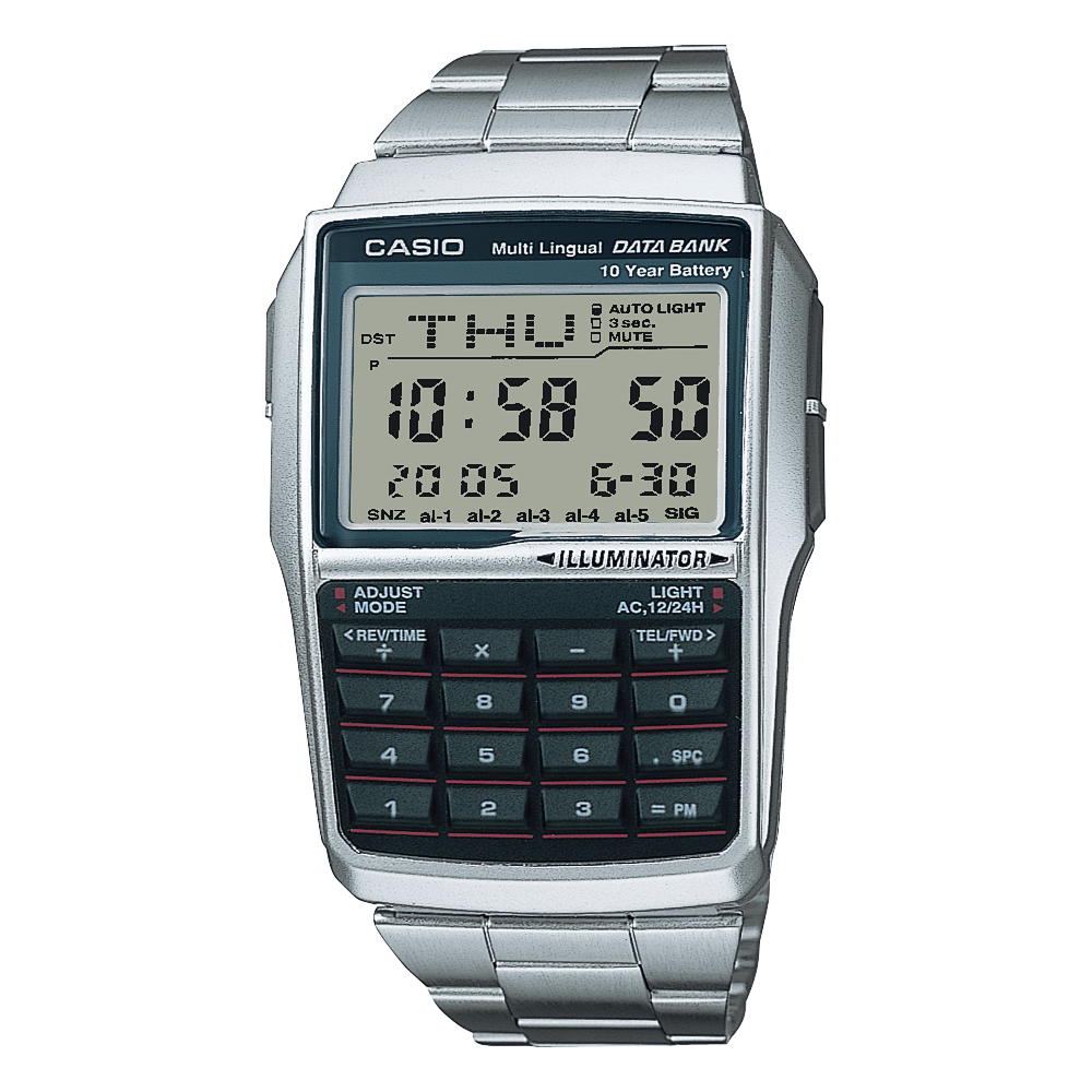 Collection Vintage - DBC-32D-1AES - Montre Casio – boîtier en résine noire, écran numérique avec clavier calculatrice, bracelet en acier inoxydable – vue de face