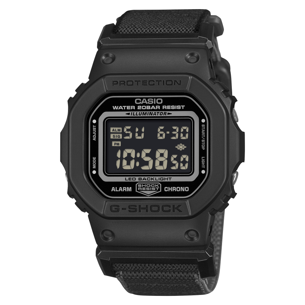 Collection G-Shock - DW-5600MNC-1ER - Montre Casio – boîtier en résine noir, bracelet en tissu noir à fermeture magnétique – vue de face