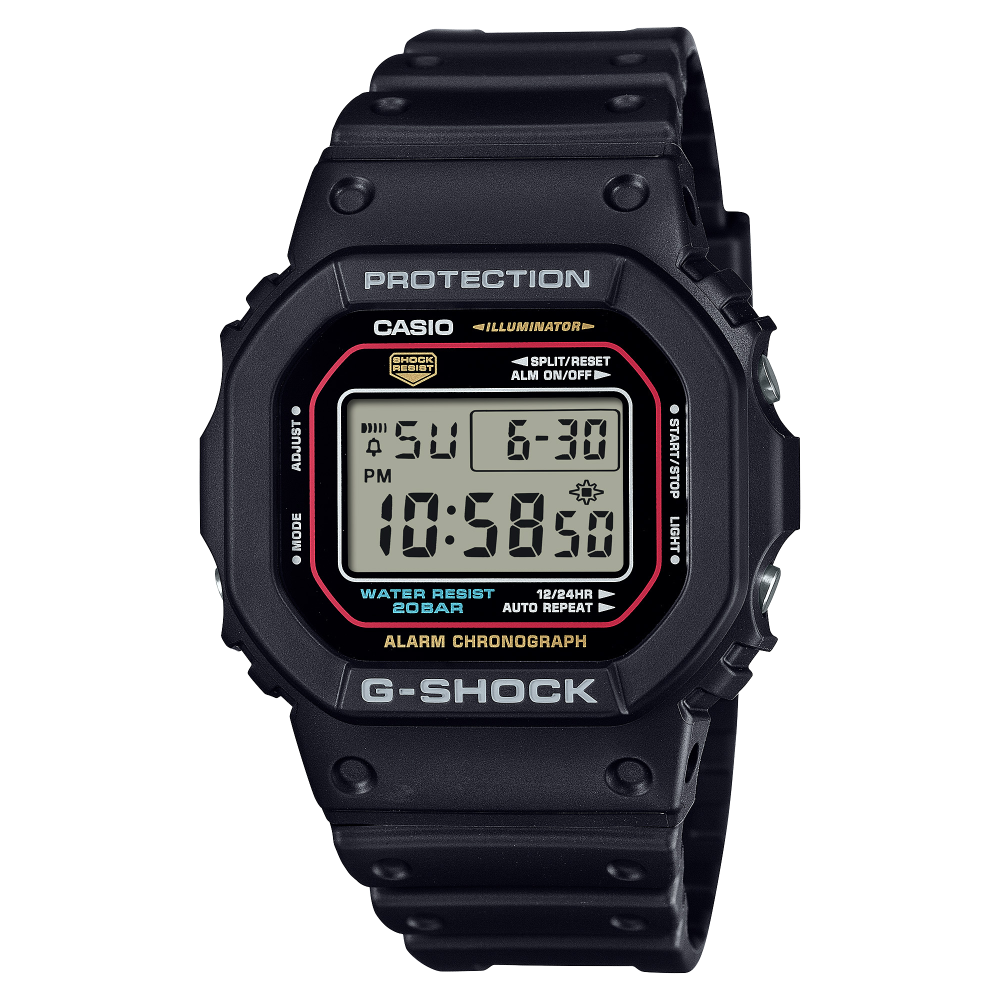 Collection G-Shock - DW-5600RL-1ER - Montre Casio – boîtier en résine noire à touches rouge, bleue et jaune, bracelet en résine bio noire – vue de face