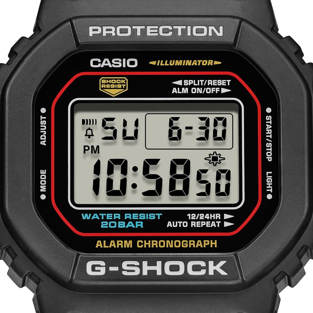 Collection G-Shock - DW-5600RL-1ER - Montre Casio – boîtier en résine noire à touches rouge, bleue et jaune, bracelet en résine bio noire – vue 4