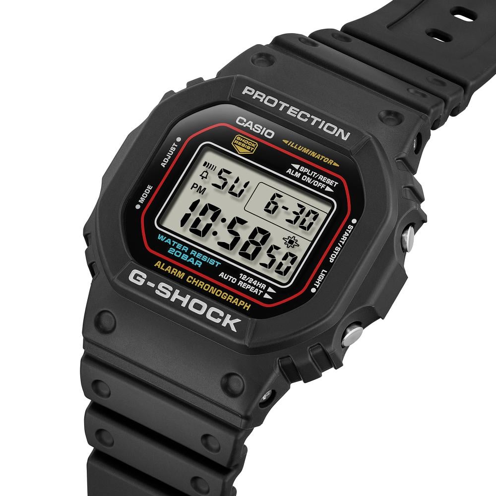Collection G-Shock - DW-5600RL-1ER - Montre Casio – boîtier en résine noire à touches rouge, bleue et jaune, bracelet en résine bio noire – vue 3