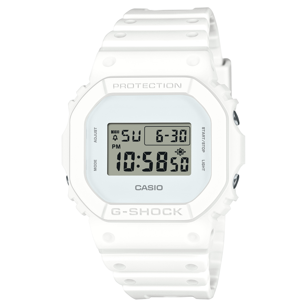 Collection G-Shock - DW-5600WW-7ER - Montre Casio – montre numérique entièrement blanche, bracelet en résine bio blanche – vue de face