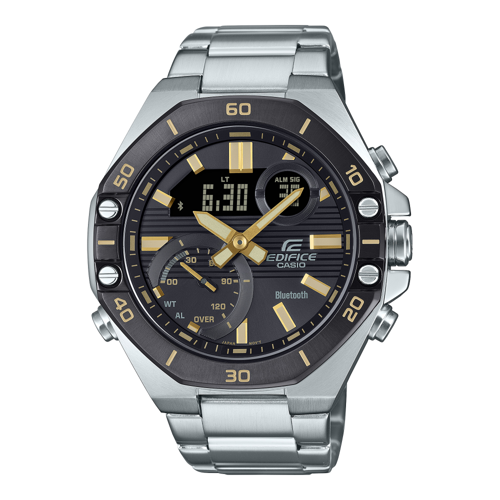 Collection Edifice - ECB-10DB-1A9EF - Montre Casio – boîtier en acier argenté à lunette octogonale noire, cadran noir avec écran numérique, bracelet en acier – vue de face