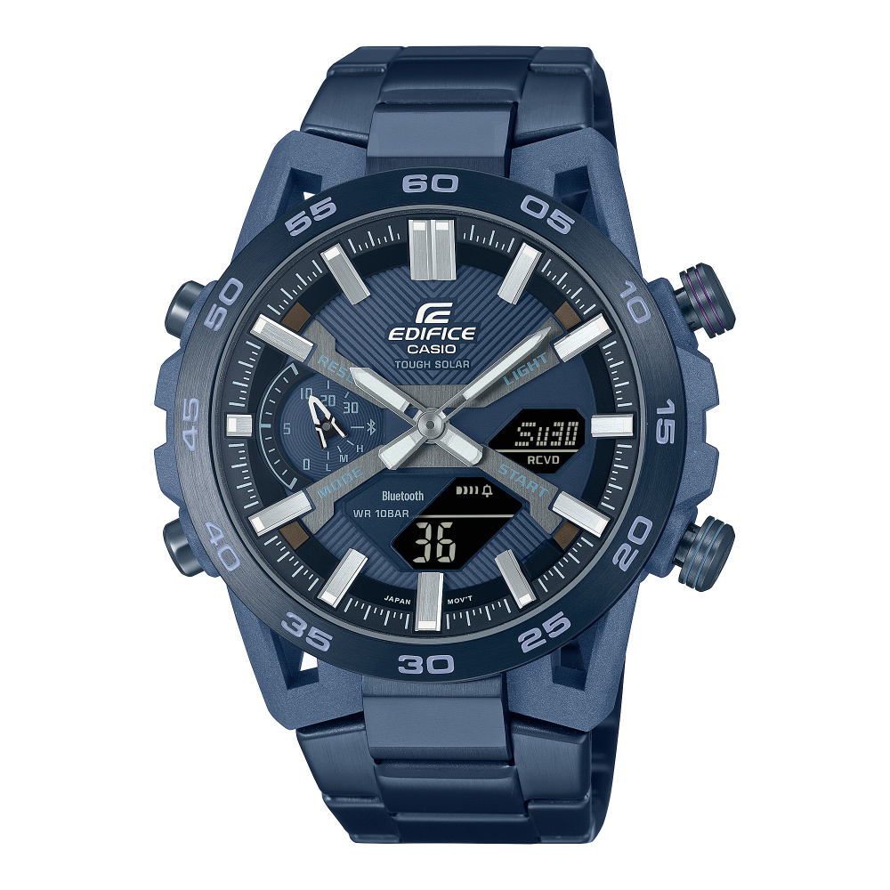 Collection Edifice - ECB-2000CB-2AEF - Montre Casio – montre analogique-numérique bleue, boîtier en carbone bleu indigo, lunette et bracelet à placage ionique bleu – vue de face