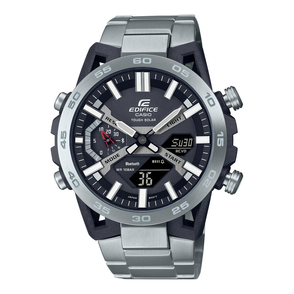 Collection Edifice - ECB-2000D-1AEF - Montre Casio – montre analogique-numérique noire, boîtier en carbone et acier à attaches en quatre bras, bracelet en acier – vue de face