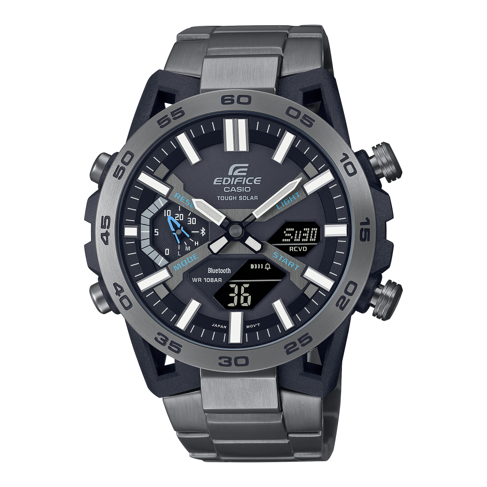 Collection Edifice - ECB-2000DC-1AEF - Montre Casio – boîtier en résine carbone et acier gris, cadran noir analogique-numérique, bracelet en acier gris – vue de face