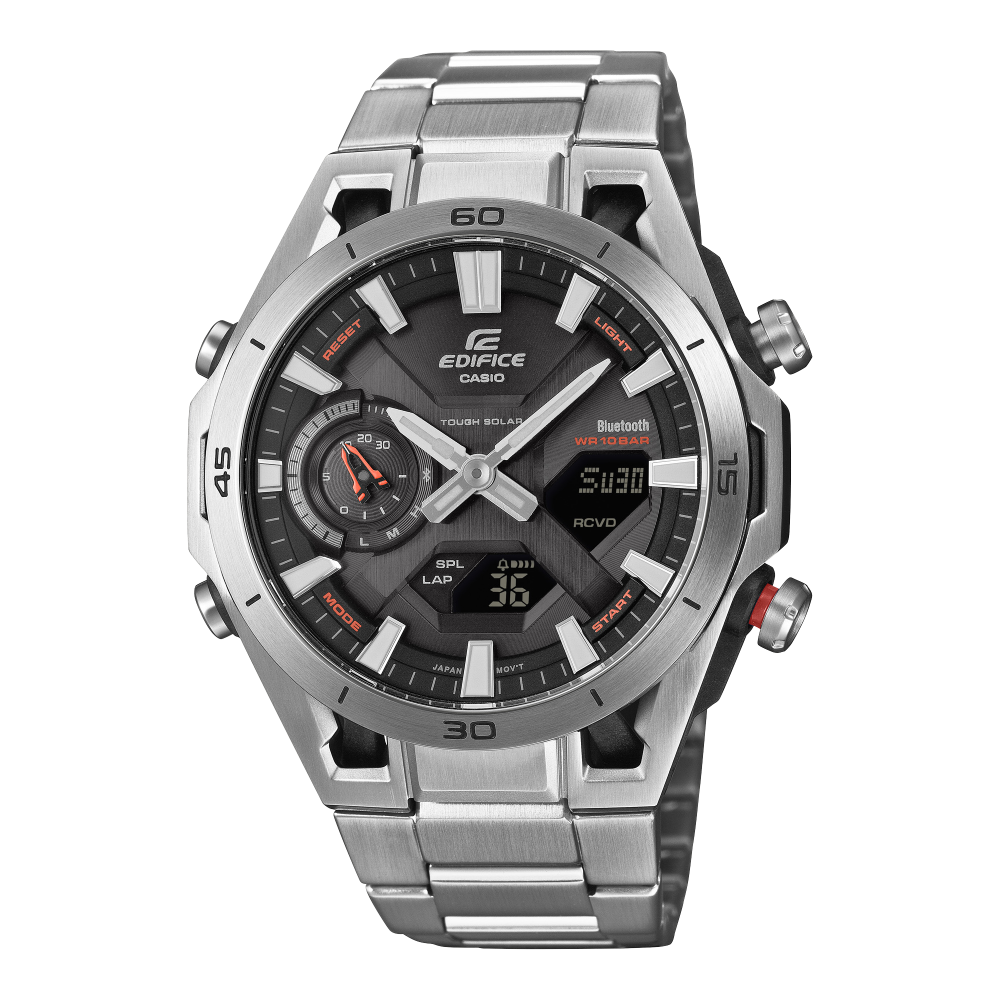 Collection Edifice - ECB-2300D-1AEF - Montre Casio – montre analogique-numérique noire, boîtier carbone et acier, bracelet en acier inoxydable argenté – vue de face