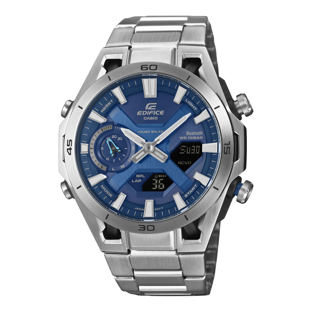 Collection Edifice - ECB-2300D-2AEF - Montre Casio – montre analogique-numérique bleue, boîtier carbone et acier, bracelet en acier inoxydable argenté – vue de face