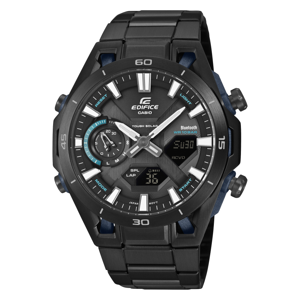 Collection Edifice - ECB-2300DC-1AEF - Montre Casio – montre analogique-numérique noire, boîtier carbone et acier, lunette et bracelet à placage ionique noir – vue de face