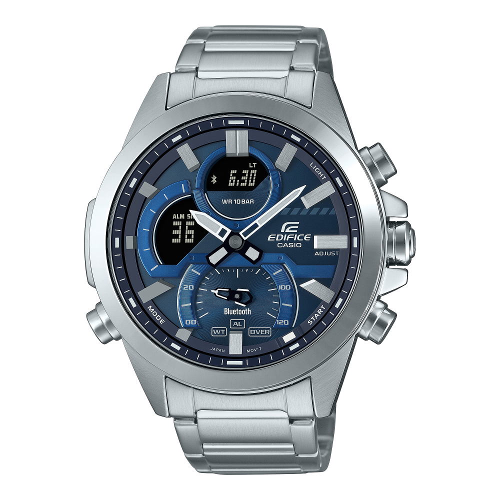 Collection Edifice - ECB-30D-2AEF - Montre Casio – boîtier en acier argenté, cadran bleu avec écran numérique, bracelet en acier – vue de face