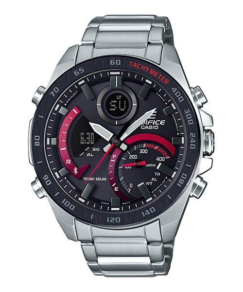 Collection Edifice - ECB-900DB-1AER - Montre Casio – boîtier en acier inoxydable argenté, cadran noir à touches rouges, bracelet en acier – vue de face