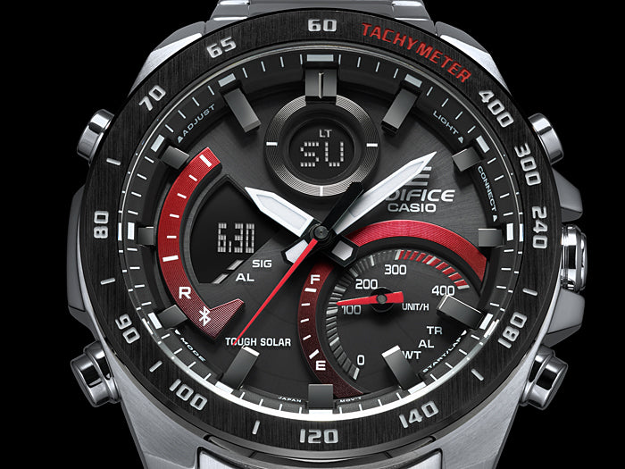 Collection Edifice - ECB-900DB-1AER - Montre Casio – boîtier en acier inoxydable argenté, cadran noir à touches rouges, bracelet en acier – vue 6