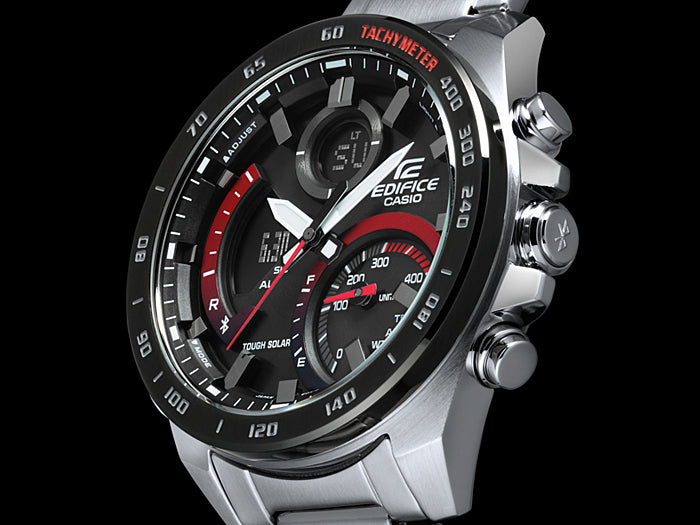 Collection Edifice - ECB-900DB-1AER - Montre Casio – boîtier en acier inoxydable argenté, cadran noir à touches rouges, bracelet en acier – vue 7