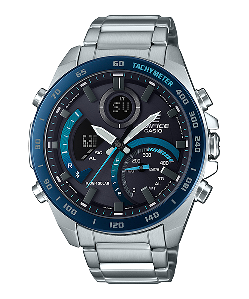Collection Edifice - ECB-900DB-1BER - Montre Casio – boîtier en acier inoxydable argenté, cadran noir à touches bleues, bracelet en acier – vue de face