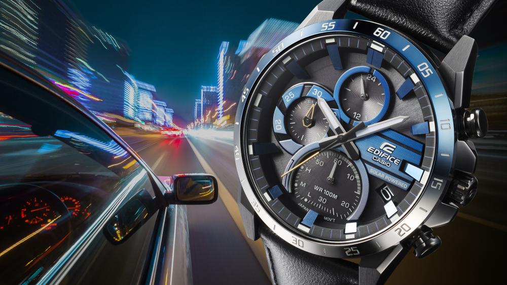 Collection Edifice - EQS-940NL-1AVUEF - Montre Casio – boîtier en acier, lunette dégradée bleu et argent, cadran noir, bracelet en cuir noir – vue 3