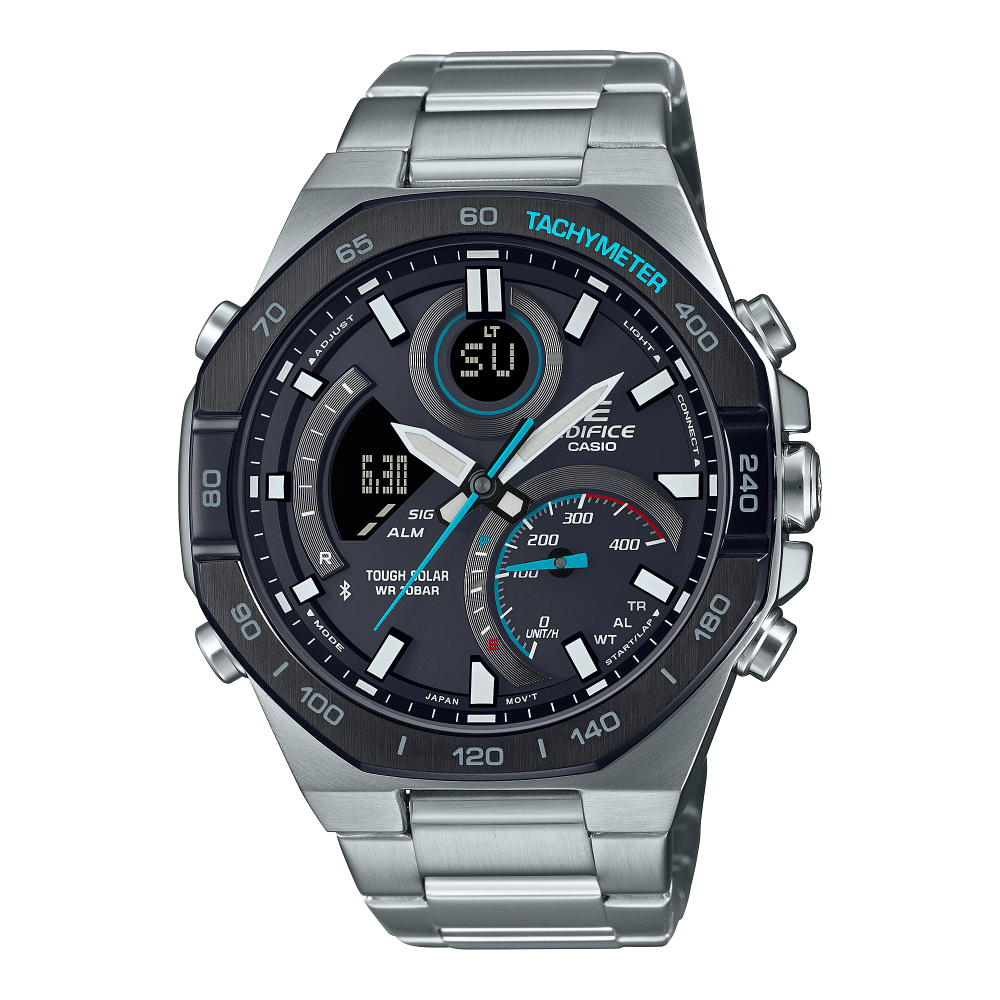 Collection Edifice - ECB-950DB-1AEF - Montre Casio – boîtier en acier argenté à lunette octogonale noire, cadran noir avec écran LCD, bracelet en acier – vue de face