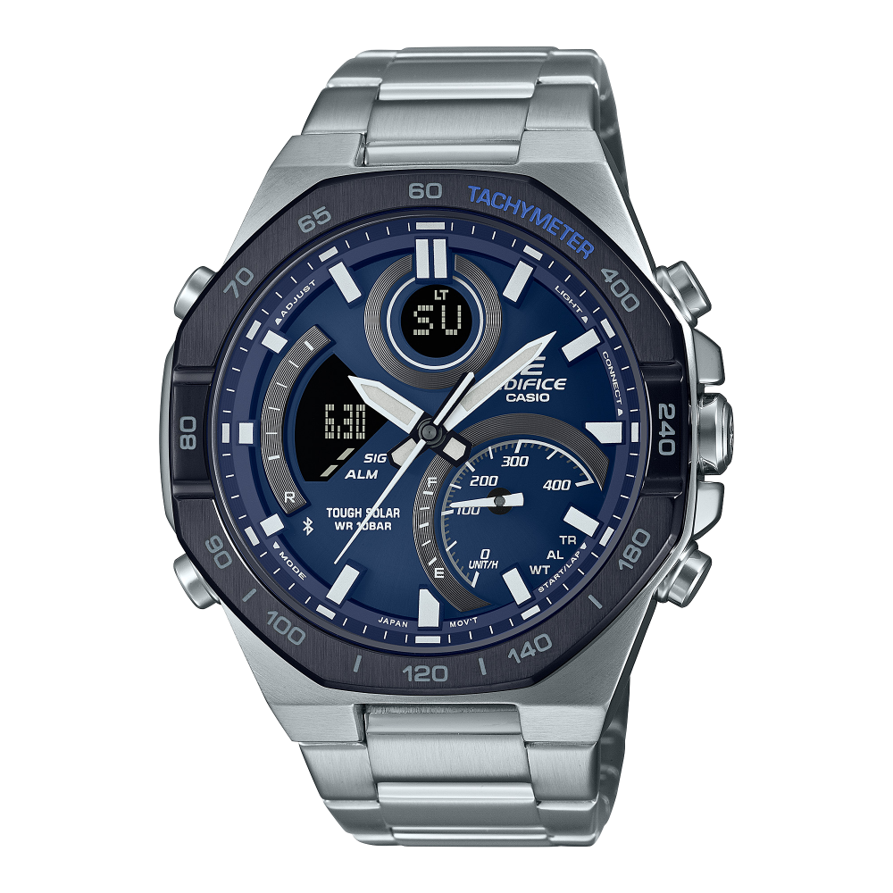 Collection Edifice - ECB-950DB-2AEF - Montre Casio – montre analogique-numérique à cadran bleu, lunette octogonale noire, bracelet en acier argenté – vue de face
