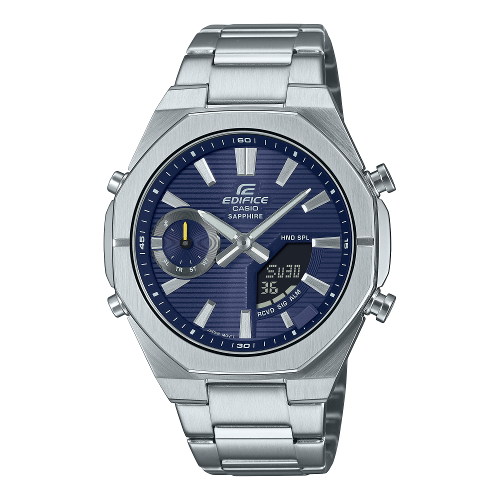Collection Edifice - ECB-S10D-2AEF - Montre Casio – montre analogique-numérique fine à cadran bleu, boîtier et bracelet en acier inoxydable argenté – vue de face