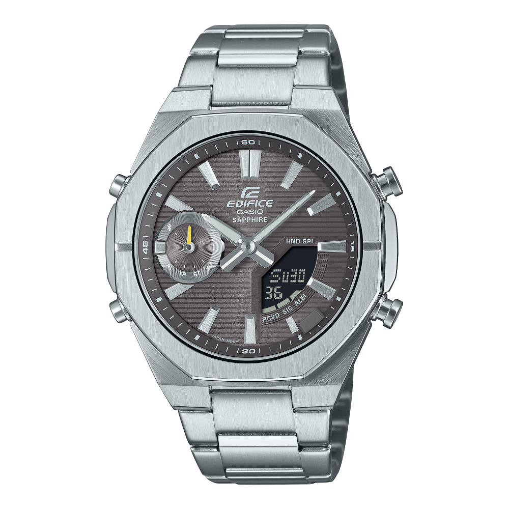 Collection Edifice - ECB-S10D-8AEF - Montre Casio – boîtier fin en acier argenté, cadran gris avec écran numérique, bracelet en acier – vue de face