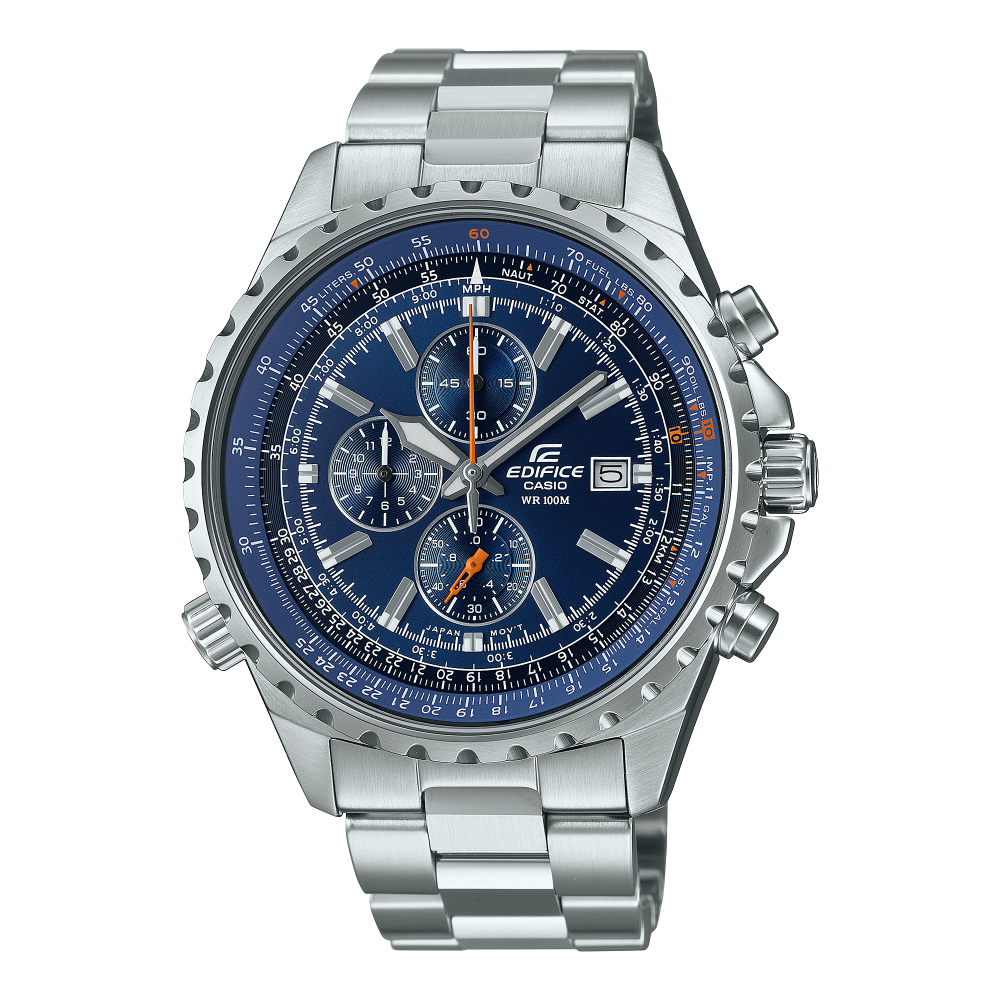 Collection Edifice - EF-527D-2AVUEF - Montre Casio – chronographe à cadran bleu, boîtier et bracelet en acier inoxydable argenté, lunette crantée – vue de face