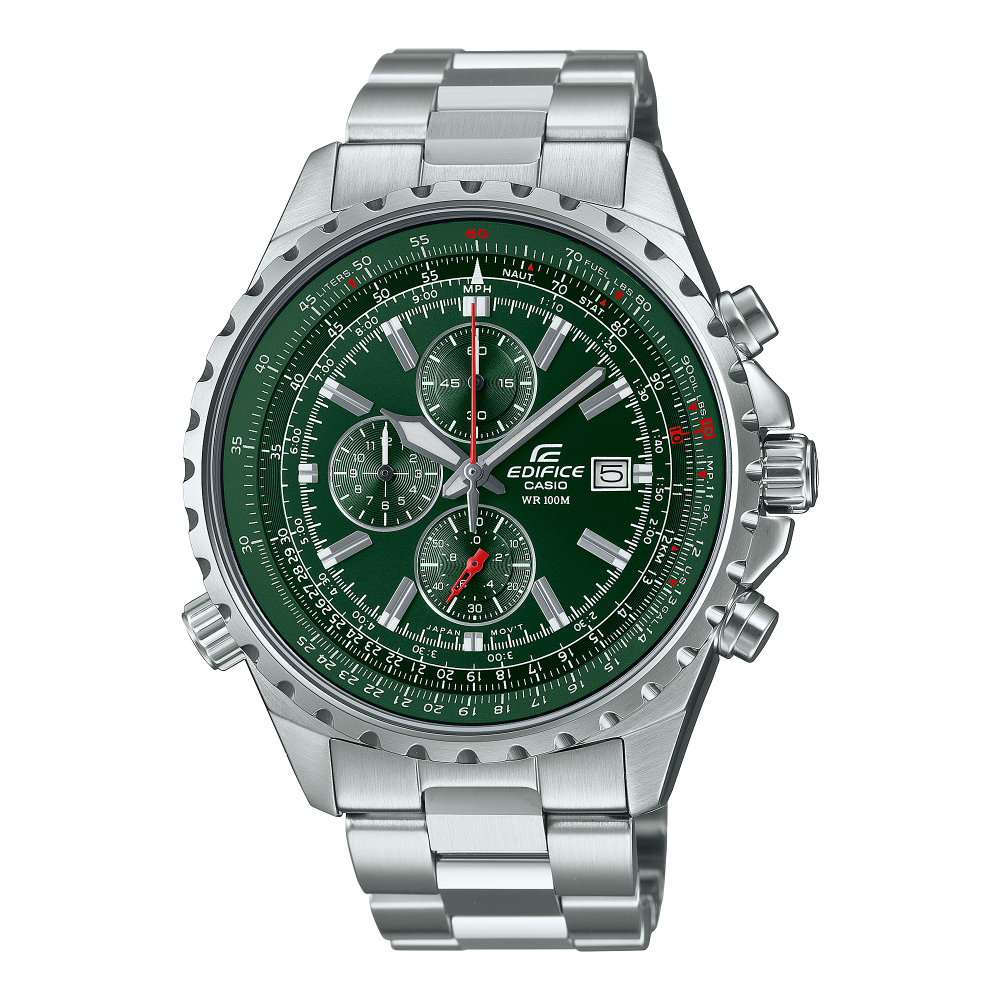 Collection Edifice - EF-527D-3AVUEF - Montre Casio – boîtier en acier inoxydable, lunette crantée règle à calcul, cadran vert, bracelet acier – vue de face