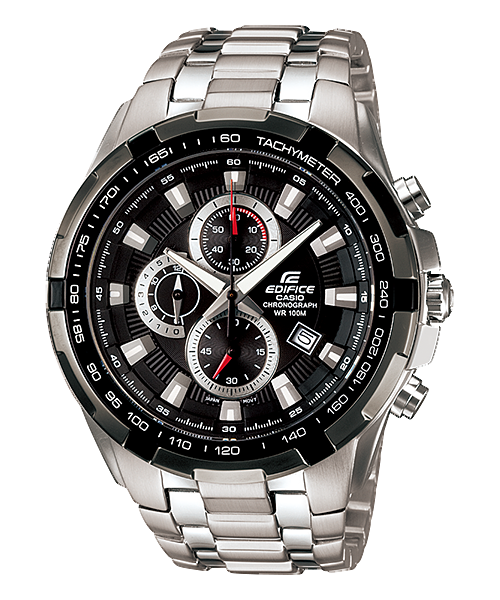 Collection Edifice - EF-539D-1AVEF - Montre Casio – grand boîtier en acier inoxydable, lunette bicolore tachymètre, cadran noir, bracelet acier – vue de face