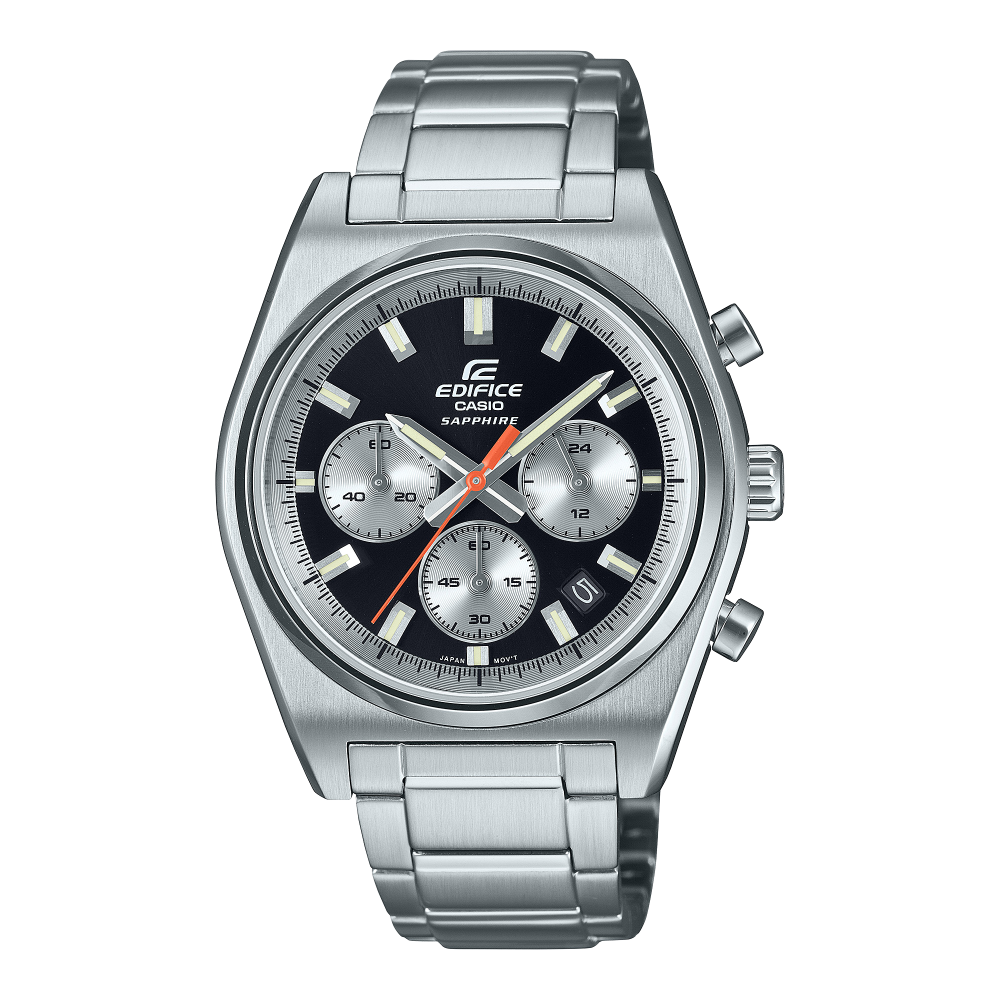 Collection Edifice - EFB-730D-1AVUEF - Montre Casio – boîtier en acier argenté, cadran noir à trois compteurs, bracelet en acier – vue de face