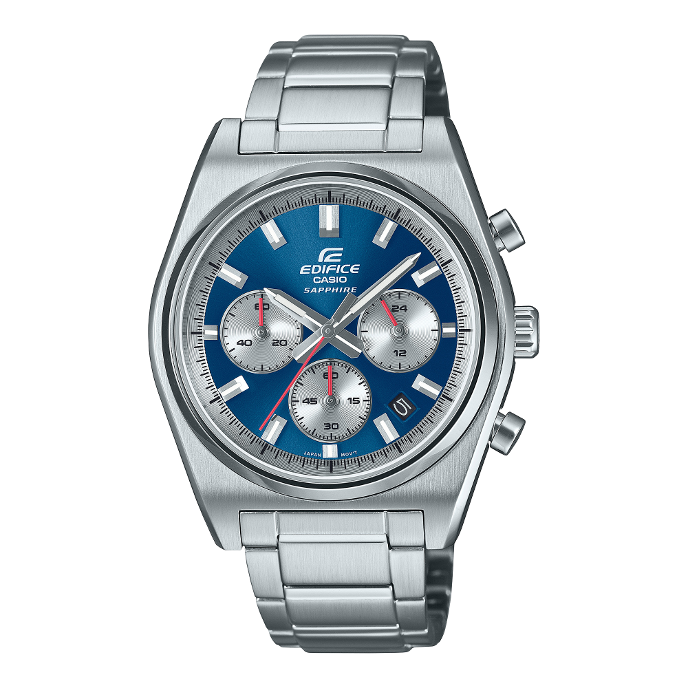 Collection Edifice - EFB-730D-2AVUEF - Montre Casio – boîtier en acier argenté, cadran bleu à trois compteurs, bracelet en acier – vue de face