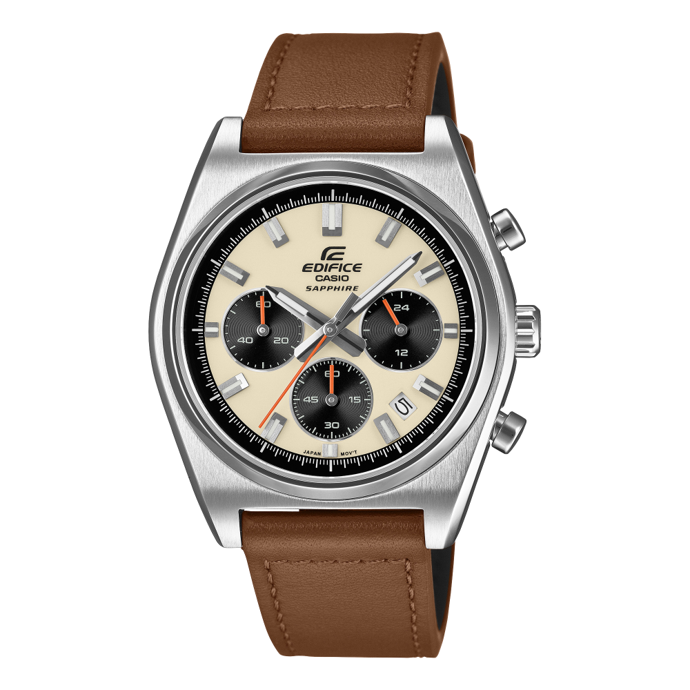 Collection Edifice - EFB-730L-7AVUEF - Montre Casio – boîtier en acier inoxydable argenté, cadran blanc-argent à trois compteurs, bracelet en cuir – vue de face