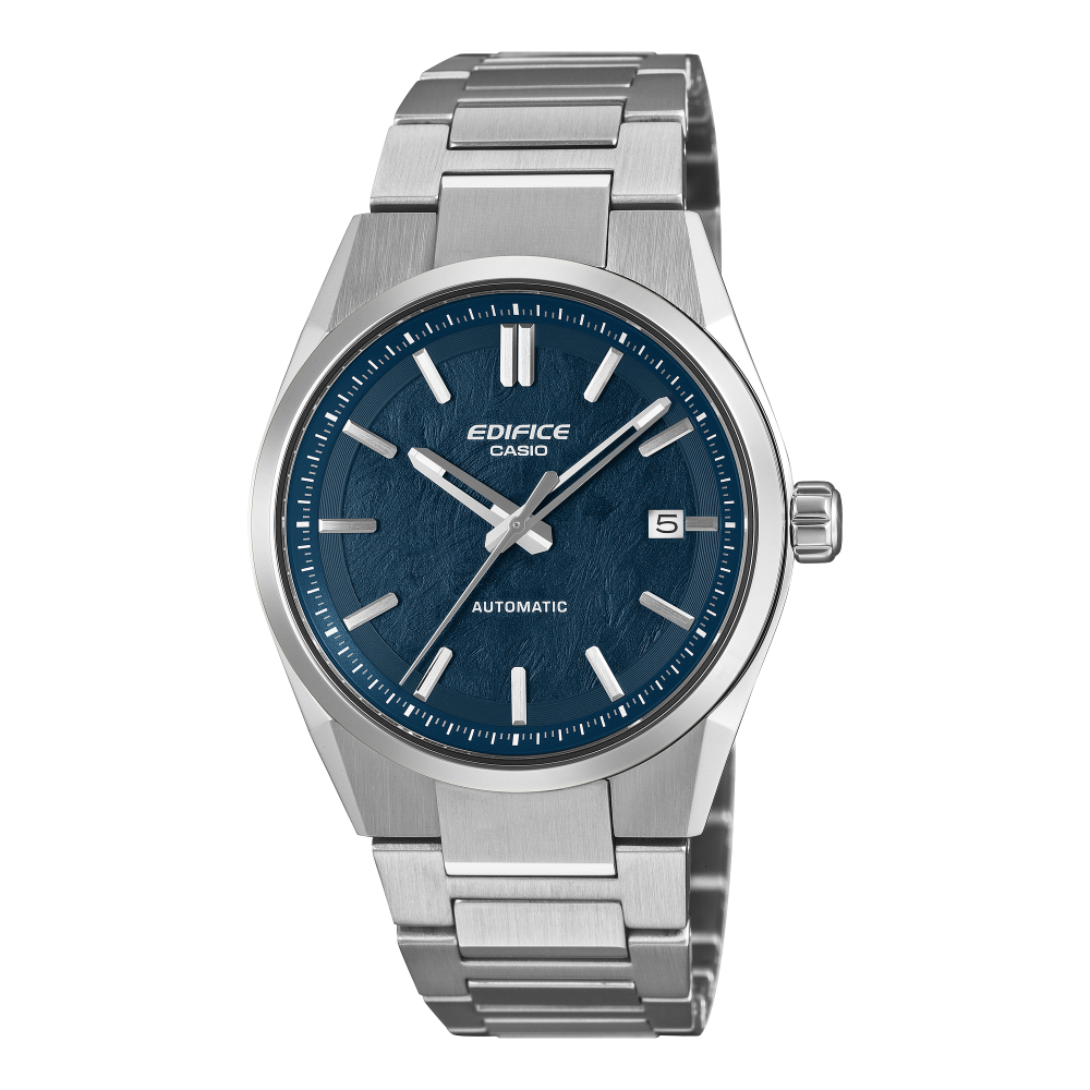 Collection Edifice - EFK-110D-2AER - Montre Casio – boîtier compact en acier inoxydable de 38 mm, cadran bleu texturé, bracelet acier massif – vue de face