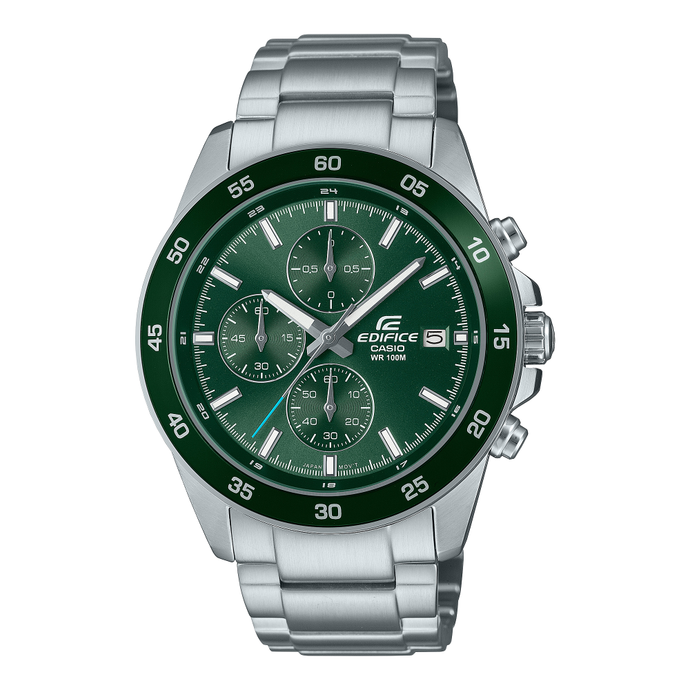 Collection Edifice - EFR-526D-3AVUEF - Montre Casio – boîtier en acier argenté, lunette et cadran vert-gris, bracelet en acier – vue de face