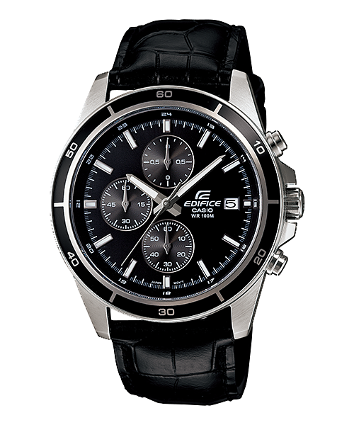 Collection Edifice - EFR-526L-1AVUEF - Montre Casio – boîtier en acier argenté, cadran noir, bracelet en cuir noir – vue de face