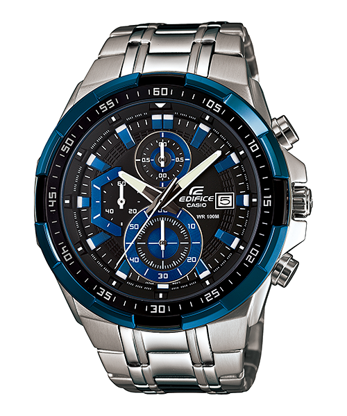 Collection Edifice - EFR-539D-1A2VUEF - Montre Casio – chronographe à cadran noir, lunette bleue et grise, boîtier et bracelet en acier inoxydable – vue de face