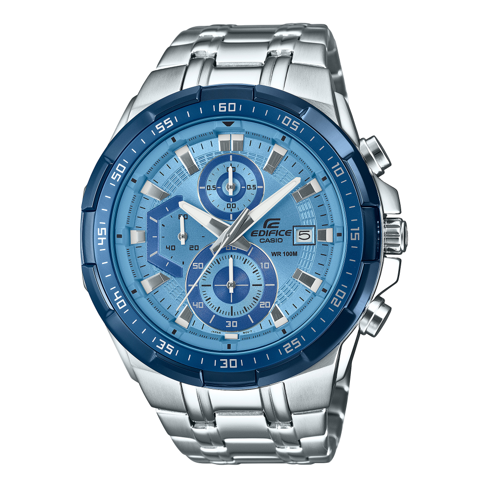 Collection Edifice - EFR-539DE-2AVUEF - Montre Casio – grand boîtier en acier inoxydable, lunette tridimensionnelle bleue, cadran bleu, bracelet acier – vue de face