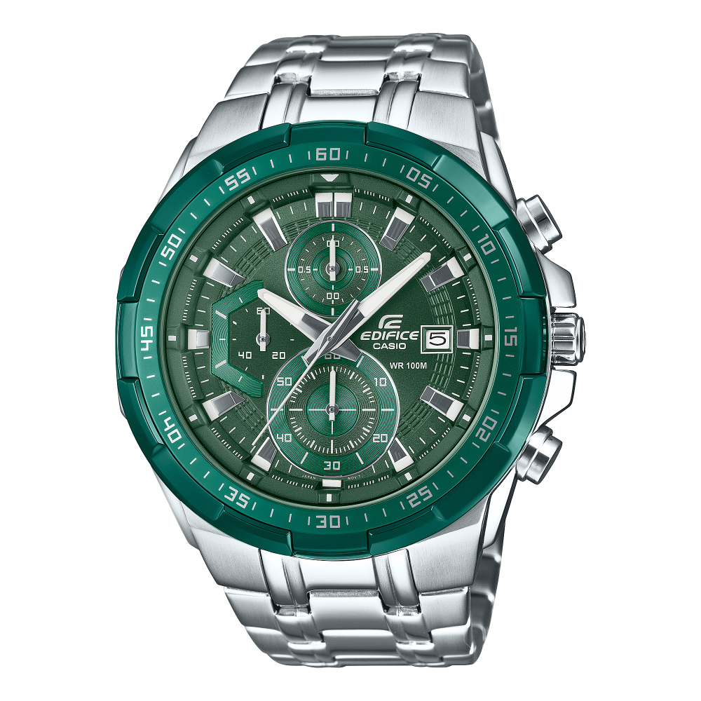 Collection Edifice - EFR-539DE-3AVUEF - Montre Casio – chronographe en acier inoxydable à lunette verte, bracelet en acier argenté – vue de face