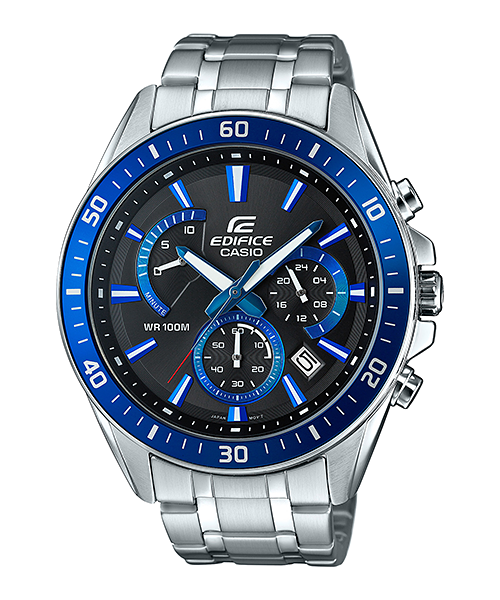 Collection Edifice - EFR-552D-1A2VUEF - Montre Casio – boîtier en acier argenté, cadran noir à accents bleus, bracelet en acier – vue de face