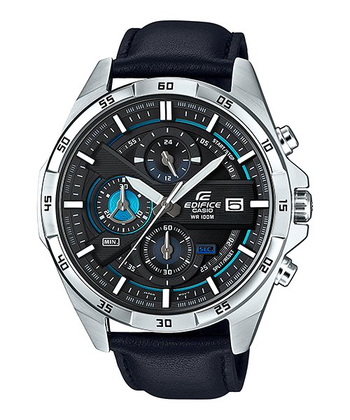 Collection Edifice - EFR-556L-1AVUEF - Montre Casio – chronographe noir, boîtier en acier inoxydable, bracelet en cuir véritable – vue de face