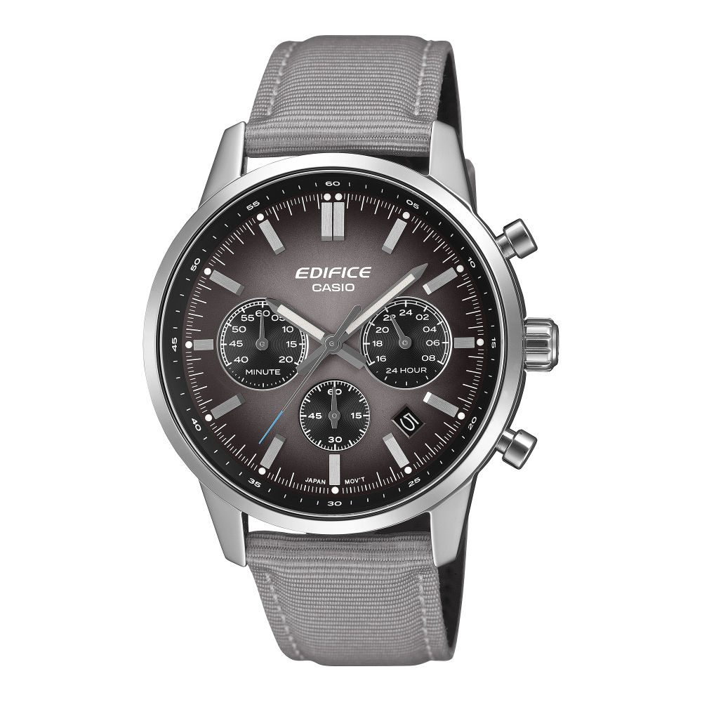 Collection Edifice - EFR-575C-8AEF - Montre Casio – chronographe à cadran gris dégradé, boîtier en acier inoxydable, bracelet en cuir et tissu – vue de face