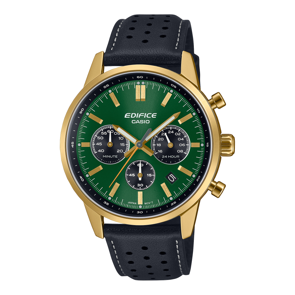Collection Edifice - EFR-575CL-3AEF - Montre Casio – boîtier doré, cadran vert bicolore à compteurs, bracelet en cuir – vue de face