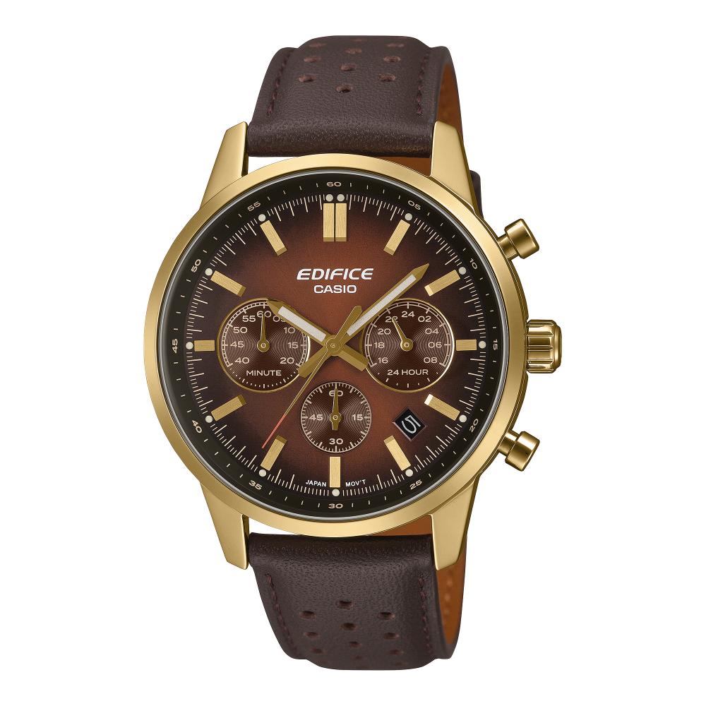 Collection Edifice - EFR-575CL-5AEF - Montre Casio – boîtier en acier doré, cadran dégradé, bracelet en cuir marron – vue de face
