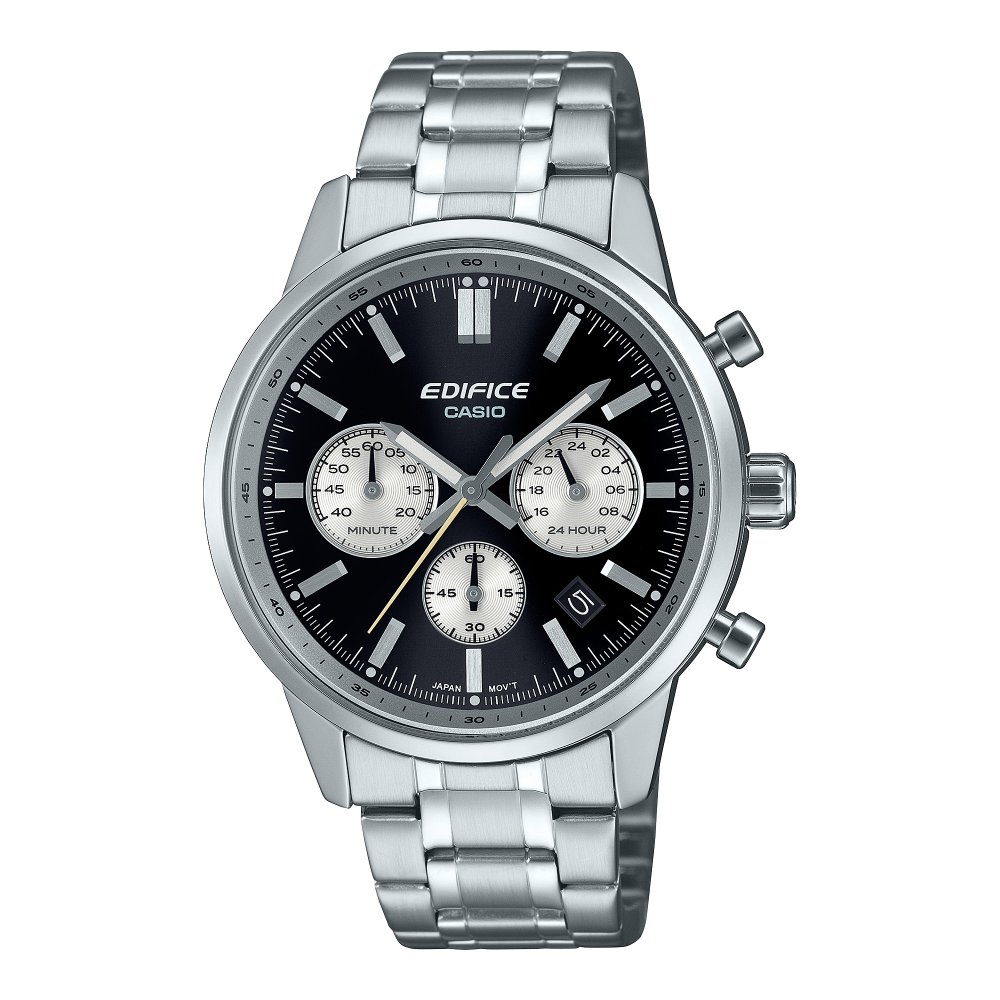Collection Edifice - EFR-575D-1AEF - Montre Casio – boîtier en acier inoxydable, cadran noir bicolore à compteurs, verre bombé, bracelet acier – vue de face