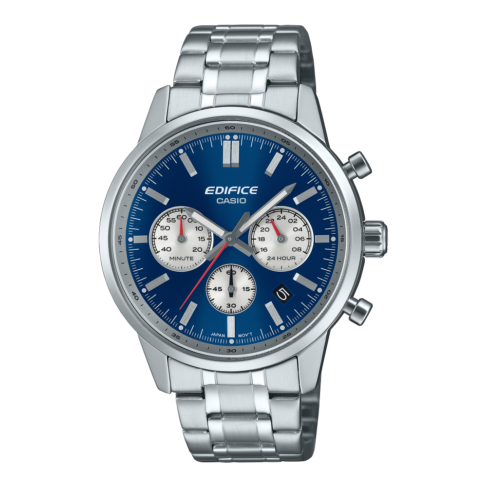 Collection Edifice - EFR-575D-2AEF - Montre Casio – boîtier en acier inoxydable, cadran bleu bicolore à compteurs, verre bombé, bracelet acier – vue de face