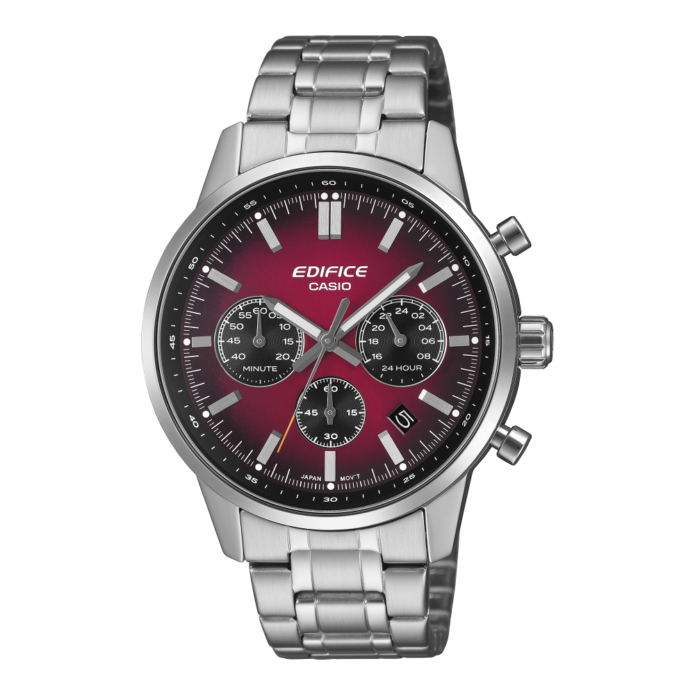Collection Edifice - EFR-575D-4AEF - Montre Casio – chronographe à cadran rouge dégradé, boîtier et bracelet en acier inoxydable argenté – vue de face